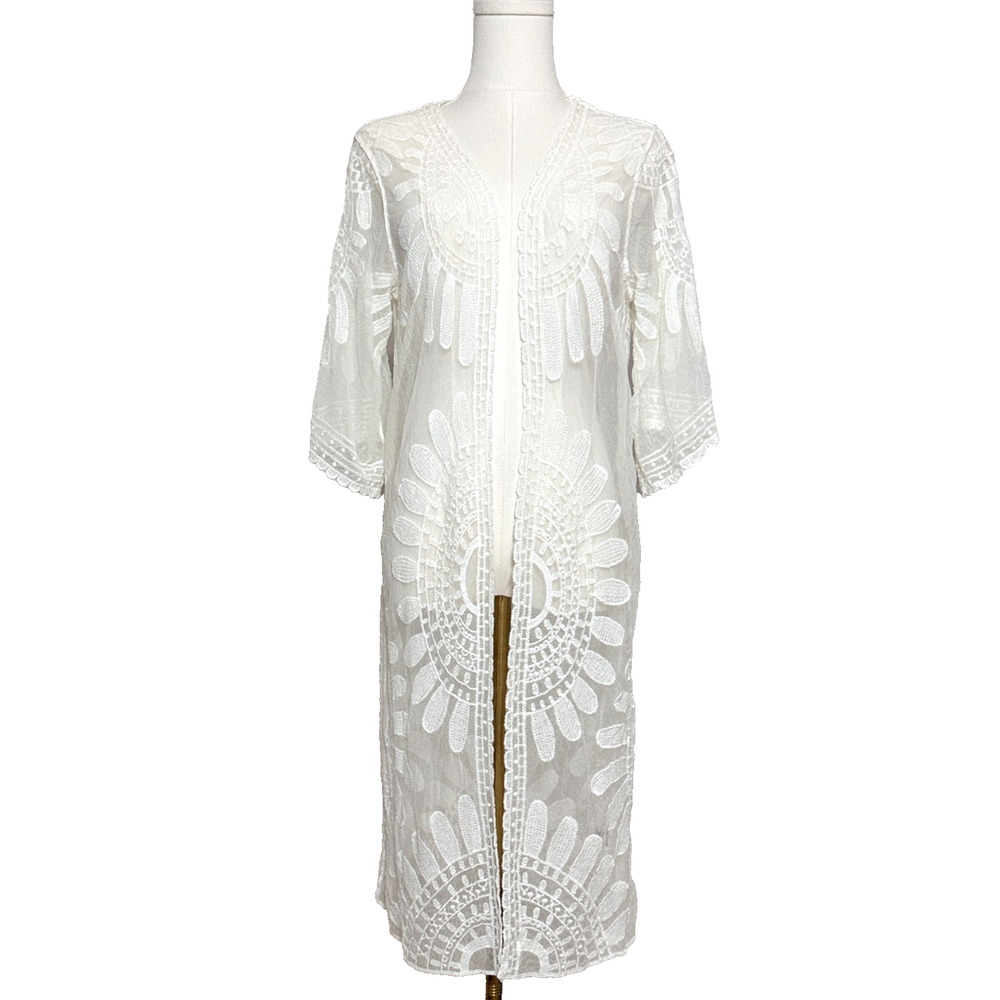Rebellion Embroidered Shee 3/4 Sleeve Open Front Duster Kimono Cardi Ivory Small